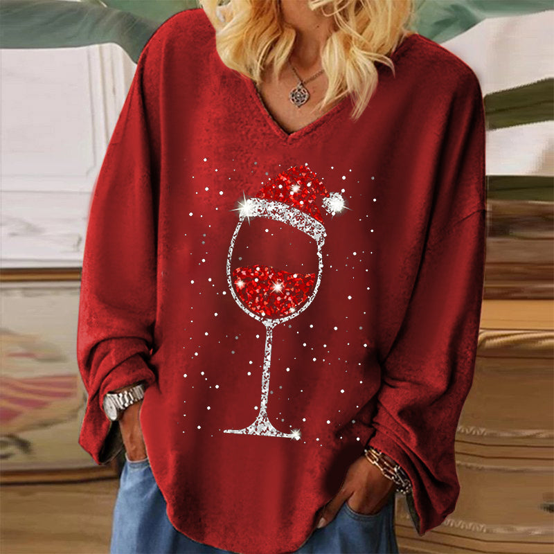 Christmas Hat Wine Glass Printed V-neck Women's T-shirt