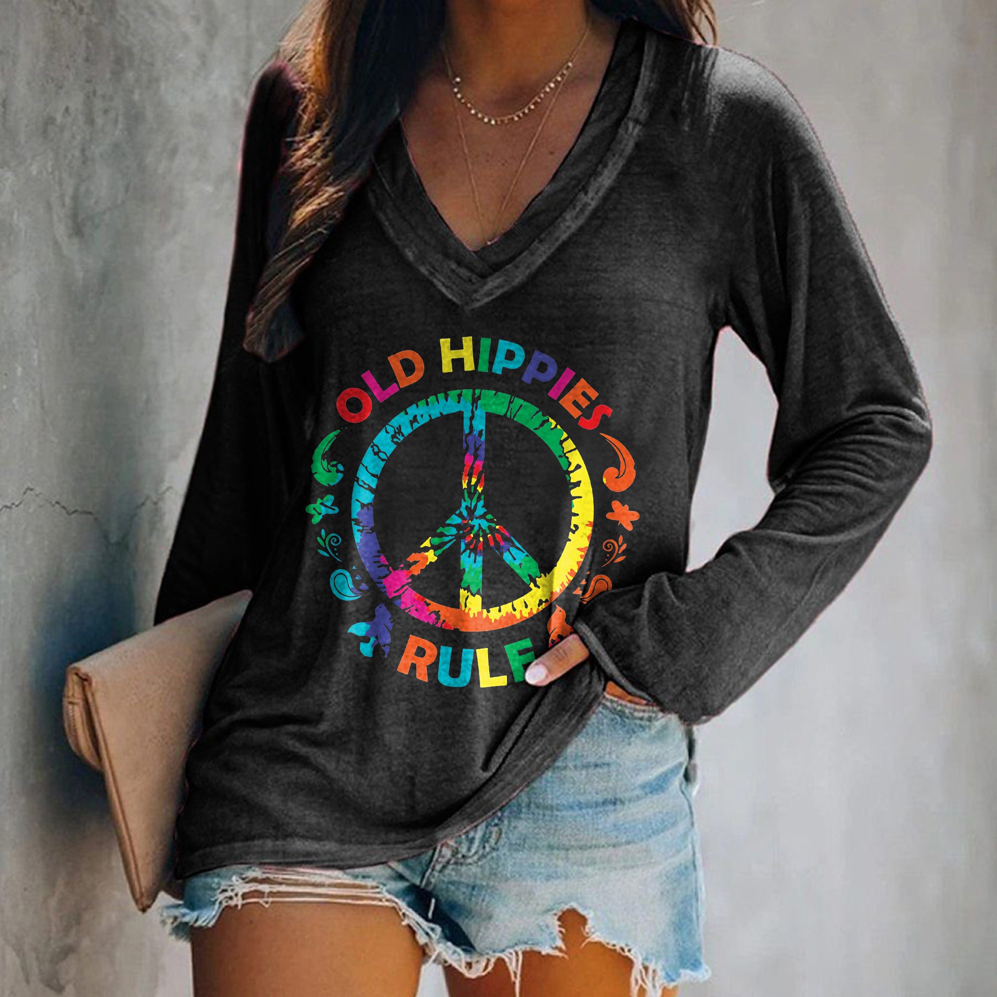 Old Hippie Rule V-neck Printed Women's T-shirt