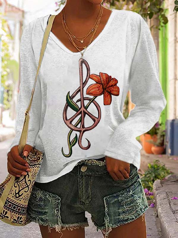 Floral Music Notes Printed Women's V-neck T-shirt