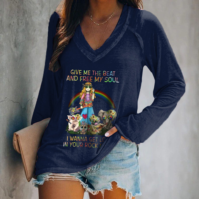 Give Me The Beat And Free My Soul Rainbow Print Long Sleeve Tee