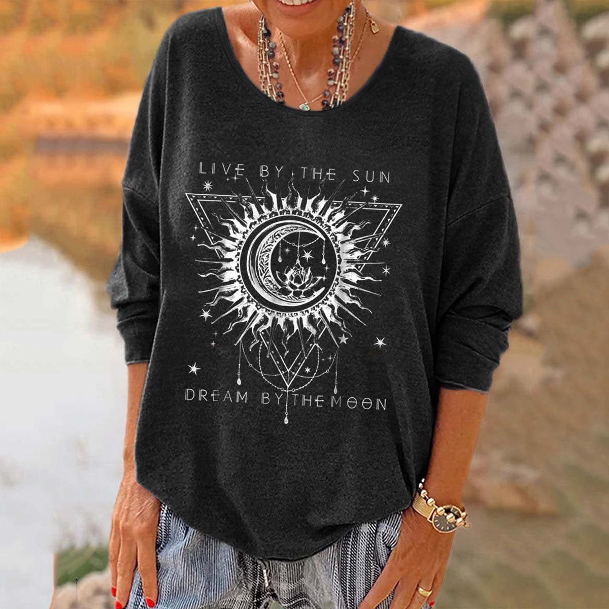 Live By The Sun Dream By The Moon Printed Women's Loose T-shirt