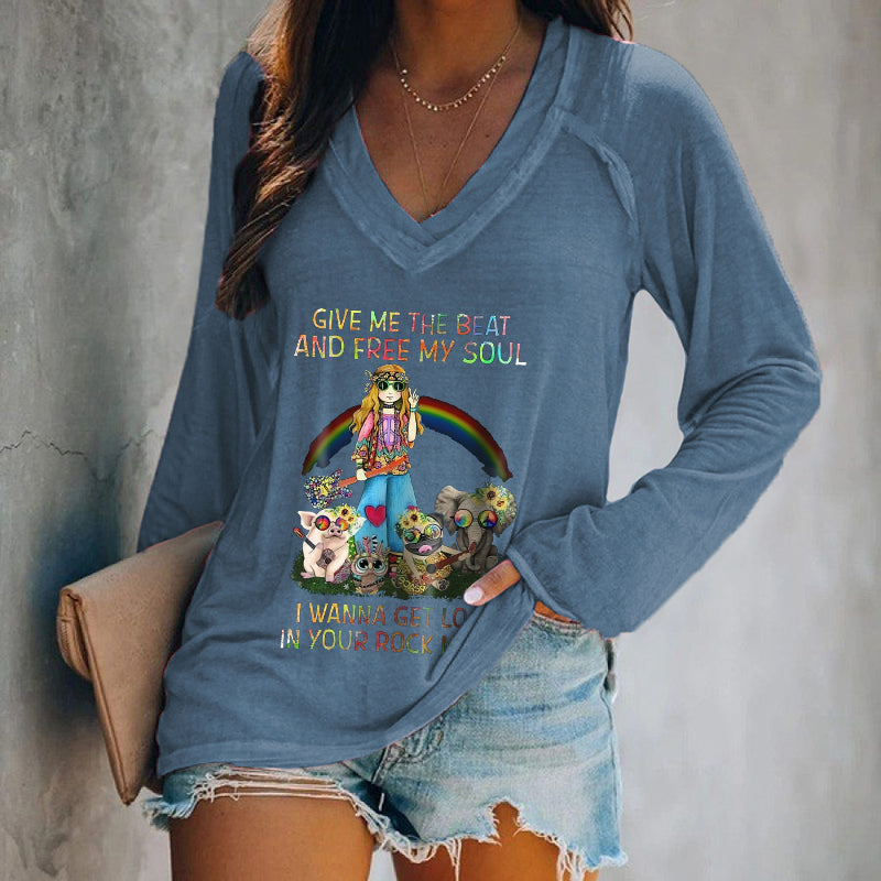 Give Me The Beat And Free My Soul Rainbow Print Long Sleeve Tee