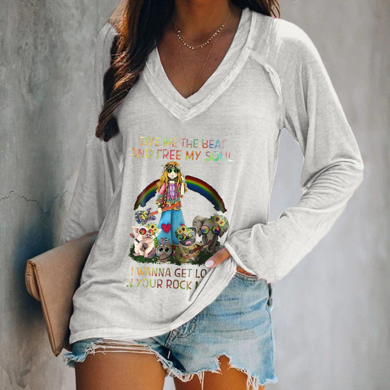 Give Me The Beat And Free My Soul Rainbow Print Long Sleeve Tee