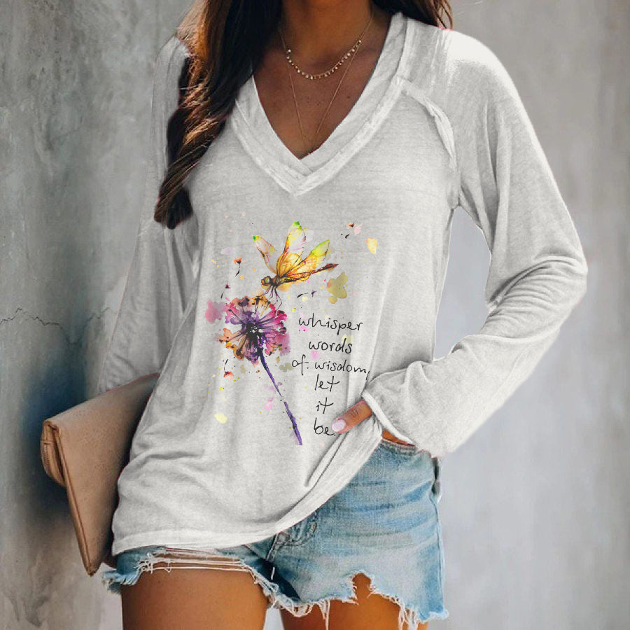 Colorful Dragonfly Print V-neck Long Sleeve Tee