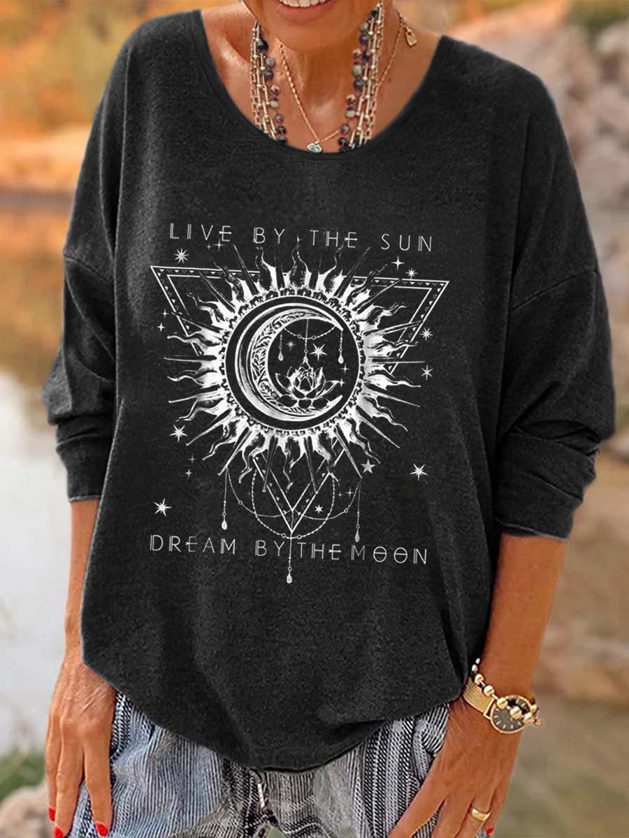 Live By The Sun Dream By The Moon Printed Women's Loose T-shirt