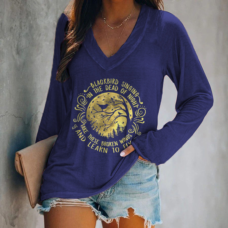Blackbird Singing In The Dead Of Night Printed Women's T-shirt