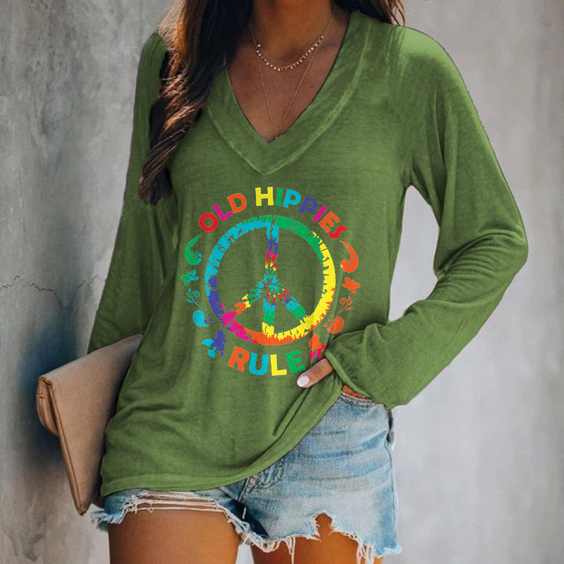 Old Hippie Rule V-neck Printed Women's T-shirt