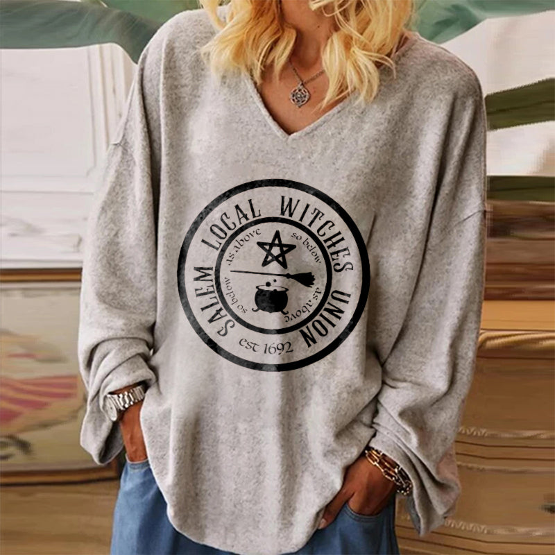 Salem Local Witches Union Est 1692 Print Long Sleeves Loose T-shirt