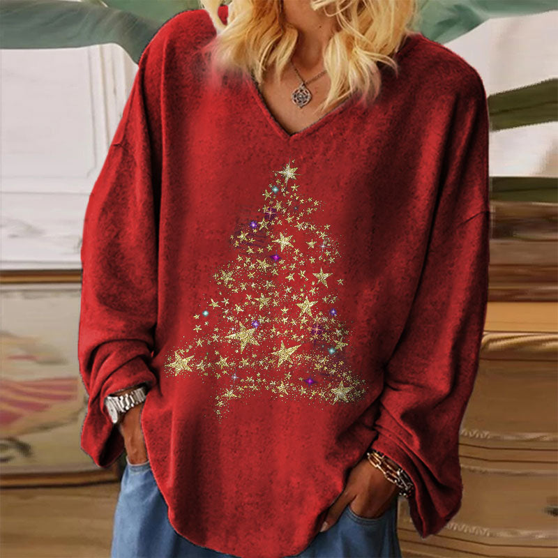 Star Christmas Tree Printed Long Sleeve Women's T-shirt