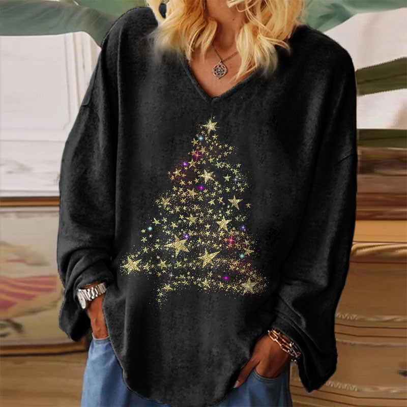 Star Christmas Tree Printed Long Sleeve Women's T-shirt