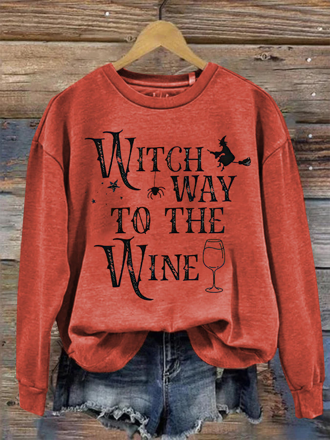 Women's Halloween Witch Way To The Wine Print T Shirt