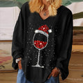 Christmas Hat Wine Glass Printed V-neck Women's T-shirt
