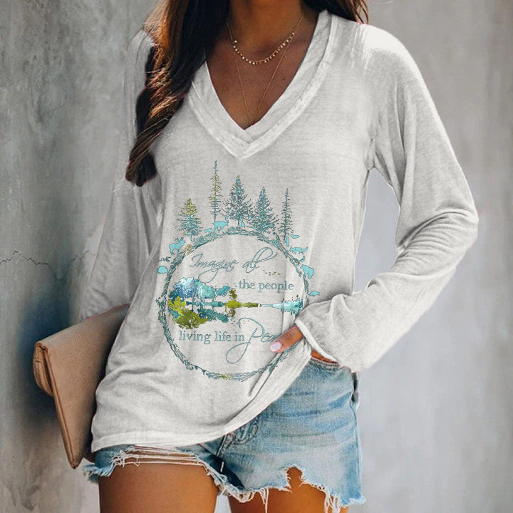 Imagine All The People Living Life In Peace Printed Women's V-neck T-shirt