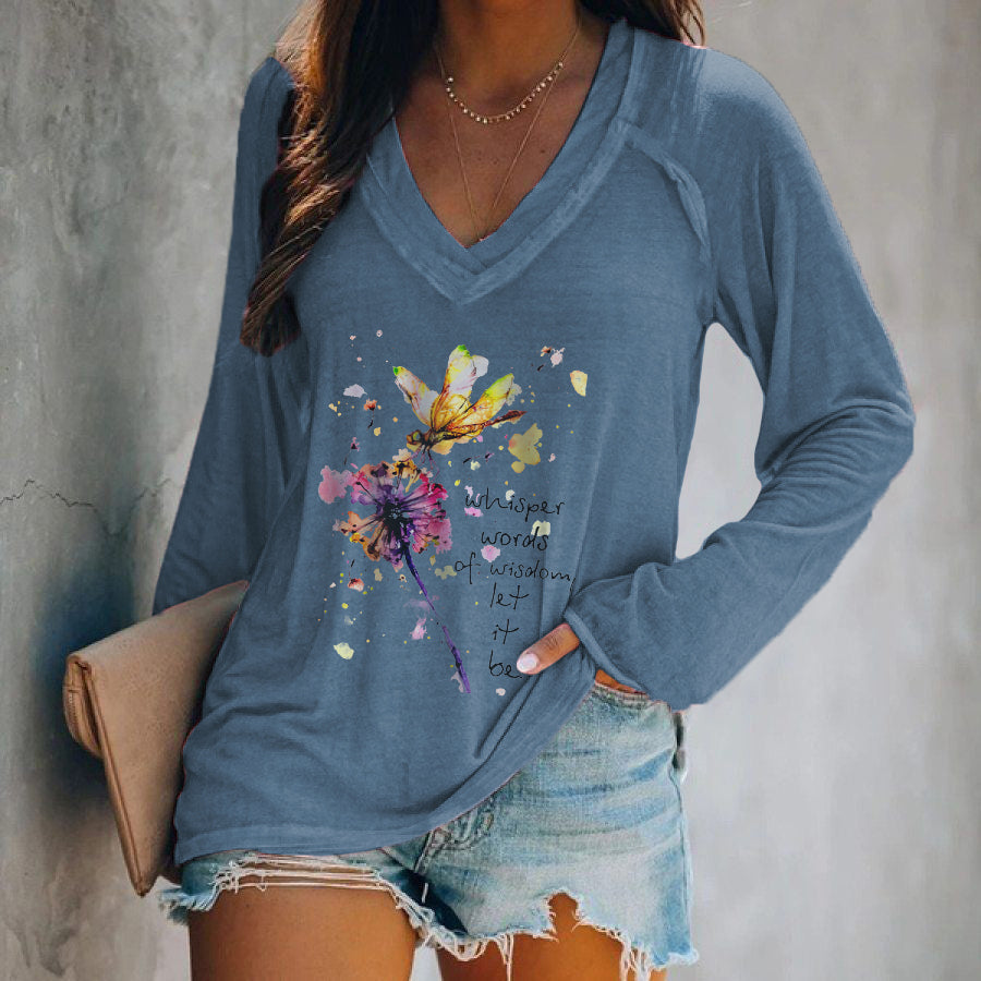 Colorful Dragonfly Print V-neck Long Sleeve Tee