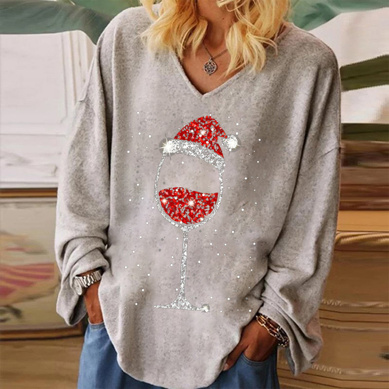 Christmas Hat Wine Glass Printed V-neck Women's T-shirt