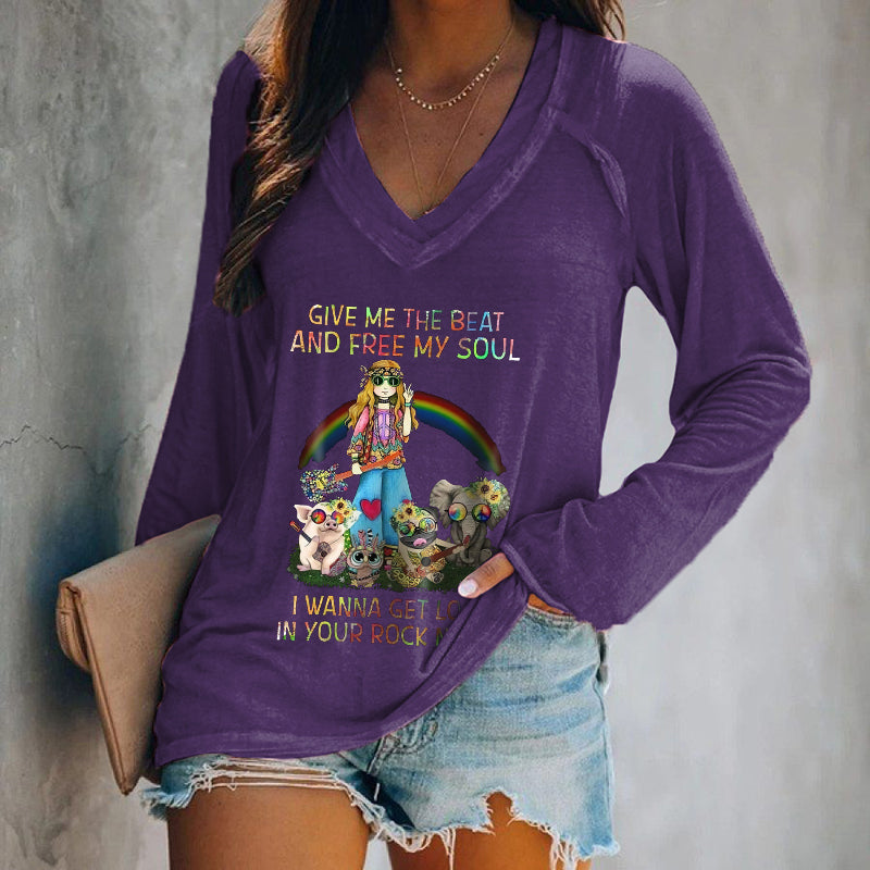 Give Me The Beat And Free My Soul Rainbow Print Long Sleeve Tee